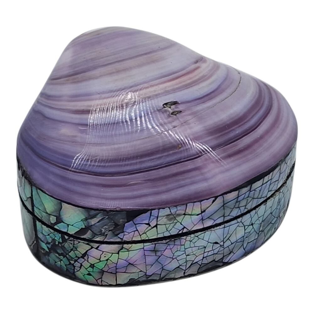 Vintage Purple Shell Abalone Mother of Pearl Mosaic Hinged Jewelry Trinket Box